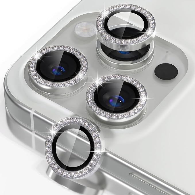 Misea Compatible for iPhone 16 Pro/iPhone 16 Pro Max Camera Lens Protector Bling, 9H Tempered Glass Camera Cover Screen Protector Metal Individual Ring Protector Decoration Accessories, Silver Diamond