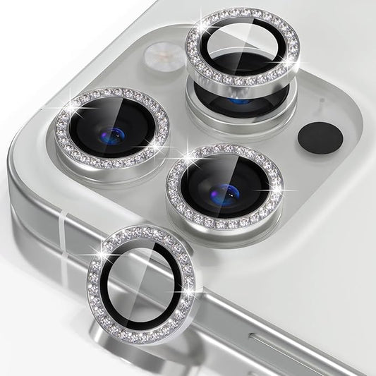 Misea Compatible for iPhone 16 Pro/iPhone 16 Pro Max Camera Lens Protector Bling, 9H Tempered Glass Camera Cover Screen Protector Metal Individual Ring Protector Decoration Accessories, Silver Diamond