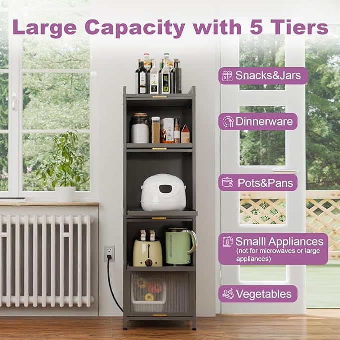 5-Tier Pull Out Kitchen Storage Cabinet with Flip-up PC Doors, Mobile Narrow Storage Cabinet with 3 Pull-out Shelves, Tall Slim Cabinets with 4 Rolling Caster for Dining Pantry Bathroom Laundry