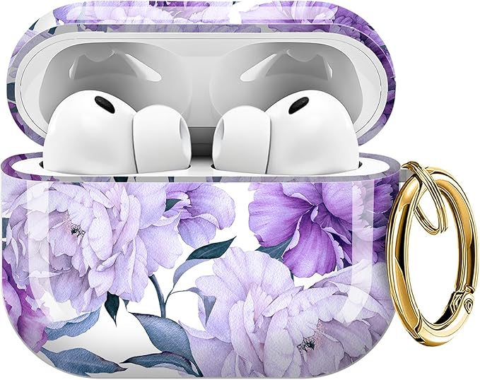Case for AirPod Pro 3 Shock-Proof Protective Hard Case with Golden Keychain Compatible with Apple Airpods Pro 3rd Generation 2025 (Beautiful Purple Flower)