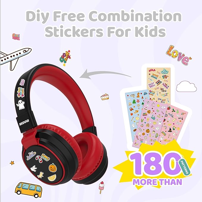 MIDOLA Kids Headphones Bluetooth 5.3 Wireless 60H Play Time Volume Limited 85/110dB Over Ear Foldable Protection Headset/Wired Aux Built-in Mic for Boy Girl Travel School Pad Tablet Black