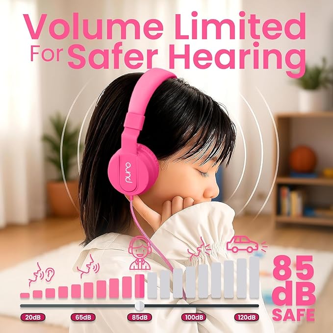 Puro Sound Labs Kids Wired Headphones – Volume-Limiting & Adjustable, Safer & Comfortable Headphones for Kids – Compatible with PCs, Smartphones & Tablets, Ideal for School & Travel – PuroBasic, Pink