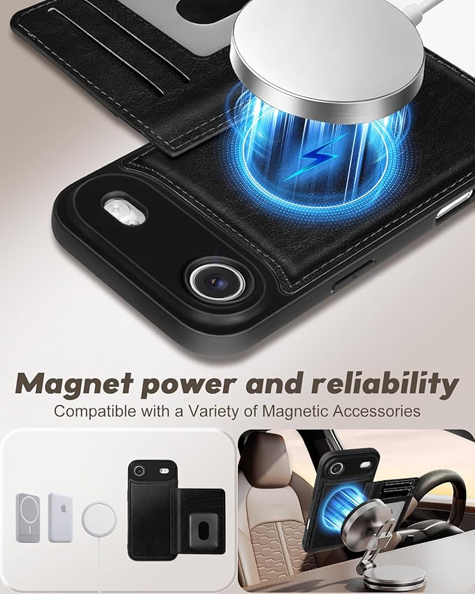 for iPhone 17 Air Case with Wallet - Fits 4 Card Slots, Compatible with MagSafe for Women Men Durable PU Leather Credit Card Holder Kickstand Phone Cover for Apple 17 Air, Black