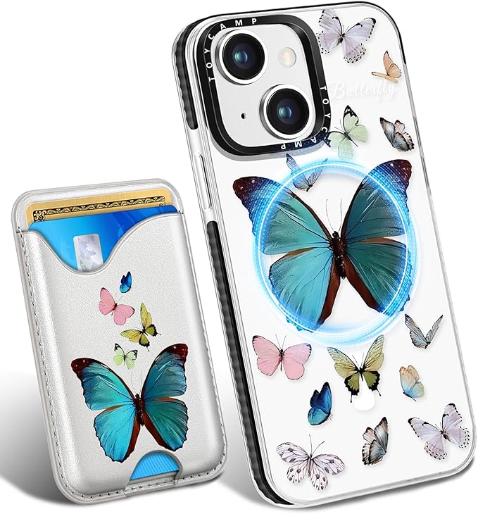 Toycamp for iPhone 15 Case - Compatible with Magsafe with Credit Card Holder Wallet Magnetic Cute Women Teen Girls Kawaii Girly Unique Butterfly Design Pretty Phone Cover for Apple 15 6.1"