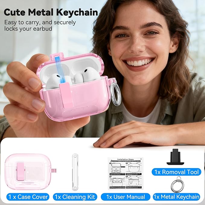 for AirPods Pro 3 Case 2025 with Phone Stand & Secure Lock, Auto-Open Clear Case Cover Compatible with Apple AirPods Pro 3rd Generation with Cleaning Kit & Keychain