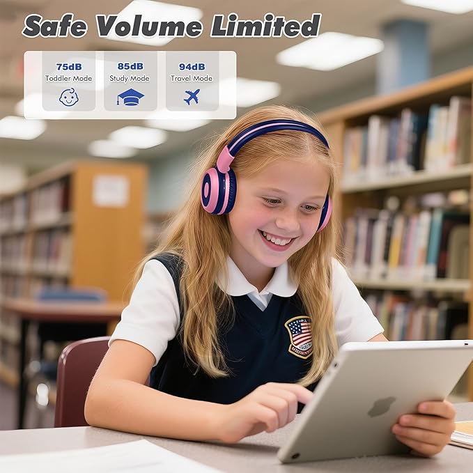 SIMOLIO Wireless Headphones Girls, Bluetooth Foldable Childrens Headphones with Mic and Volume Limited, Over-Ear Stereo Headset for Fire Tablet iPad School Travel Airplane Cellphones, Wired Mode Pink
