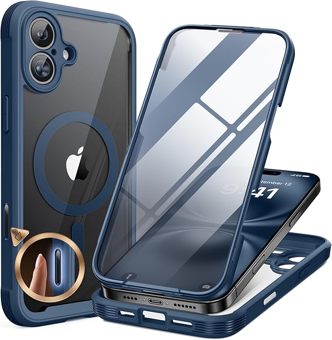 Miracase Magnetic for iPhone 16 Plus Case Full-Body Phone with Built-in Glass Screen Protector, [Compatible with MagSafe] Military Drop Proof 16 Plus Cover Bumper, Storm Blue