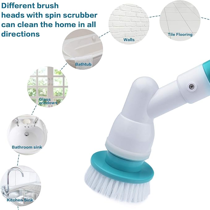 Electric Spin Scrubber 360 Cordless Power Brush Shower Scrubber, Electric Brush Scrubber with Adjustable Extension Arm and 3 Replaceable Bathroom Scrubber Cleaning Brush Heads