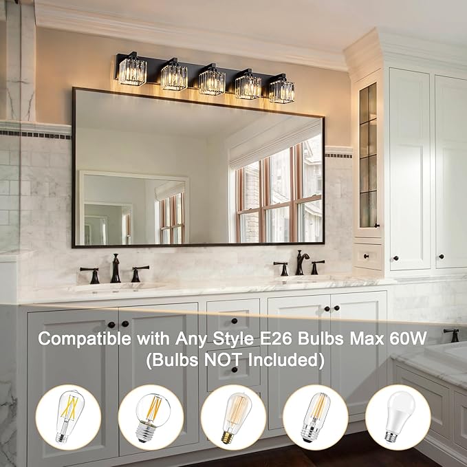 35.43" Black Crystal Bathroom Vanity Light 5-Lights Modern Bathroom Lighting Fixtures Over Mirror, Crystal Wall Light