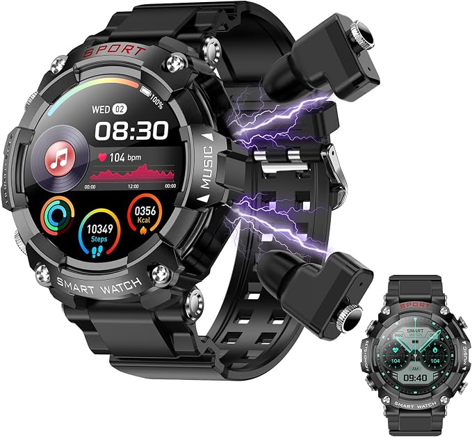 Smart Watch with Earbuds, for iOS Android Phone,3 in 1 Round Fitness Tracker, 1.52 Inch Full Touch Screen, Answer/Make Calls, for Men and Women, Sleep Monitor, Motion Long Standby, Music Player