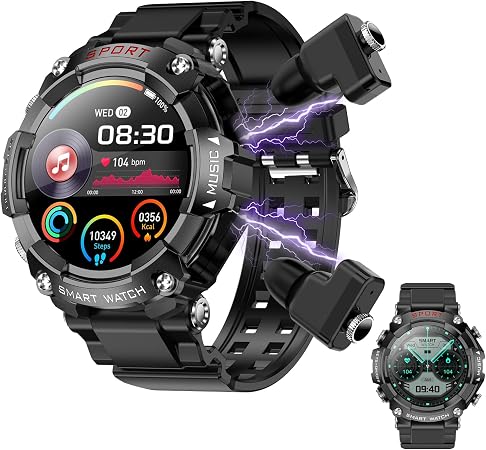 Smart Watch with Earbuds, for iOS Android Phone,3 in 1 Round Fitness Tracker, 1.52 Inch Full Touch Screen, Answer/Make Calls, for Men and Women, Sleep Monitor, Motion Long Standby, Music Player