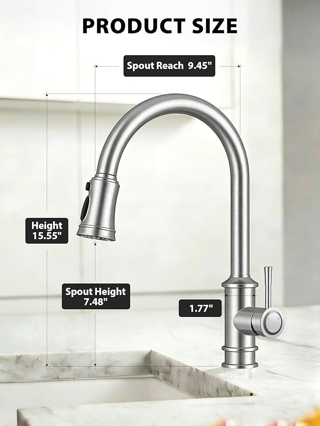 Vintage Kitchen Faucets with Pull Down Sprayer, Stainless Steel High Arc Kitchen Sink Faucet, Drip-Free 3 Spray Mode Faucet with 360° Rotation, Easy DIY Single Hole Install (Brushed Nickel)