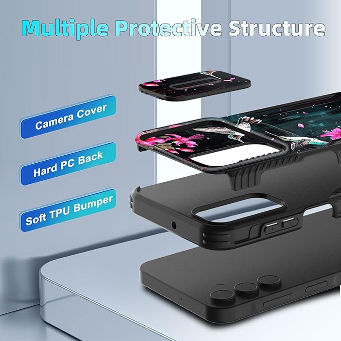 for Galaxy A15 5G Case Built in Slide Camera Lens Cover,Heavy Duty Shockproof Protection Dual Layer Case for Samsung Galaxy A15 5G 6.5 inch 2024,Flower Hummingbird