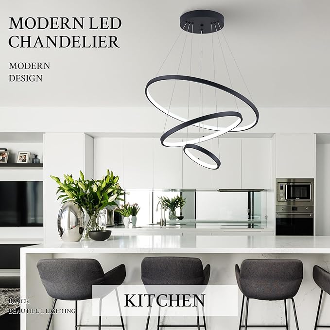 3 Ring Modern LED Chandelier Black Dimmable Round Chandeliers, LED Circular Pendant Light Fixture with Remote Control for Living Room, Dining Room, Office, Entry, Bedroom
