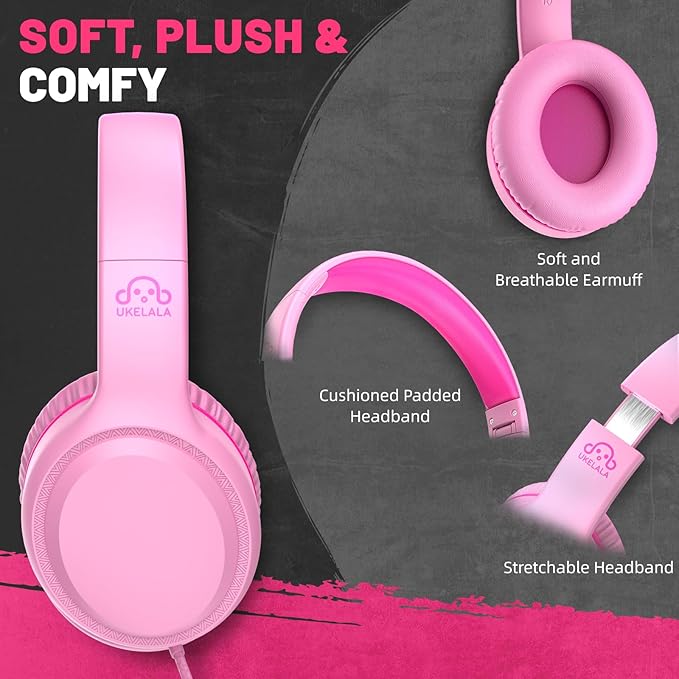 Pink Wired Headphones for Boys Portable On Ear Youth Headphones for School Airplane Travel Lightweight Portable Compatible with Pad Computer Laptop for Adults Student Children Girls Kids