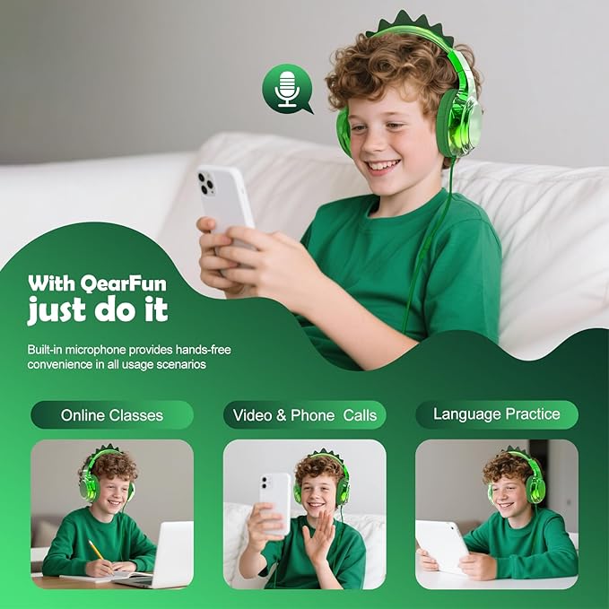 QearFun Kids Dinosaur Headphones Wired with Mic, 85/94dB Safe Volume Limit, Sparkly Wired Headset, Foldable, Sharing Port & Tangle-Free Cord for School, Chromebook, Tablet, Travel, Boys & Girls