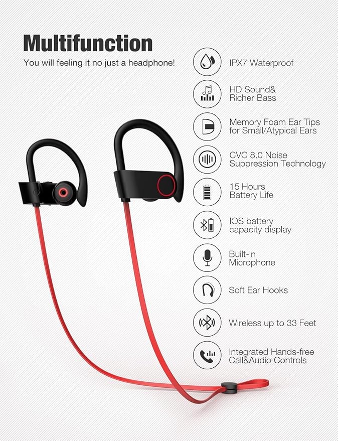 Otium Bluetooth Headphones,Wireless Earbuds IPX7 Waterproof Sports Earphones with Mic HD Stereo Sweatproof in-Ear Earbuds Gym Running Workout 15 Hour Battery Sound Isolation Headsets