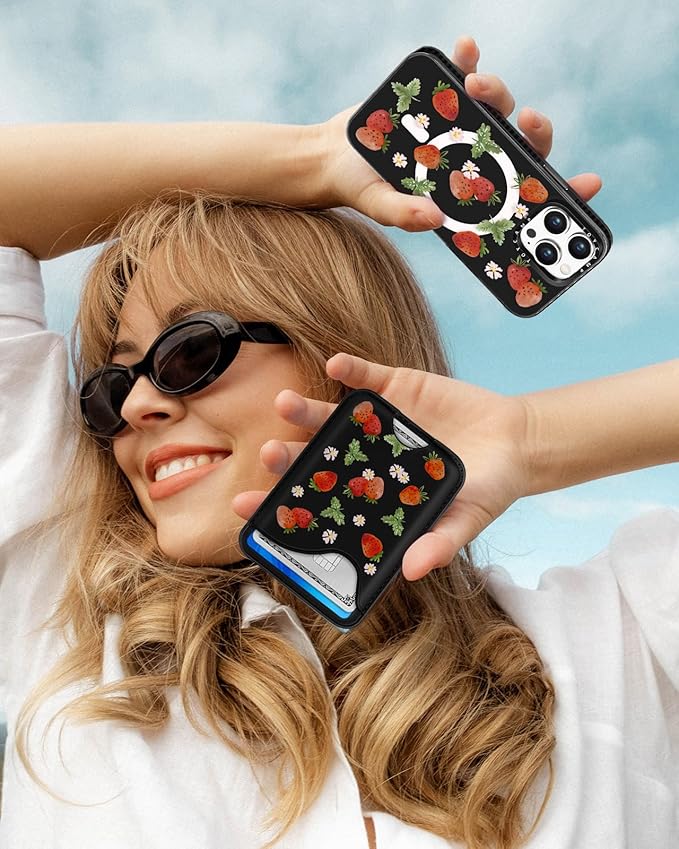 Toycamp for iPhone 15 Pro Max Case - Compatible with Magsafe Credit Card Holder Wallet Magnetic Girls Cute Girly Teens Kawaii Unique Strawberry Black Design Phone Cover for Apple 15 Promax 6.7"