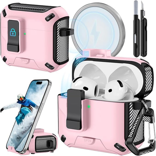 for AirPods 4 Case (2024) with Phone Stand,（with Automatic Snap Switch） Carbon Fiber Design Protection Cover with Cleaning Pen,Pink