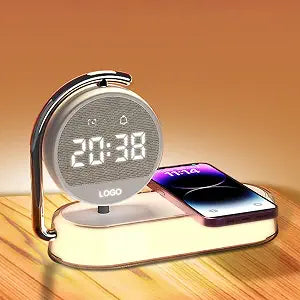 3-in-1 Wireless Charger with Digital Clock Display, 15W Fast Charging Station for Phone and Earbuds, Multi-Protection Charging Stand with 3-Level Night Light and Alarm Function, W001 White.
