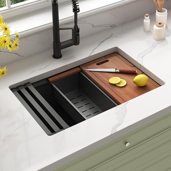 Black Undermount Kitchen Sink,16 Gauge Stainless Steel Sinks,Single Bowl Workstation Sink,Modern Kitchen Sink Offset Drain (30" X 18")