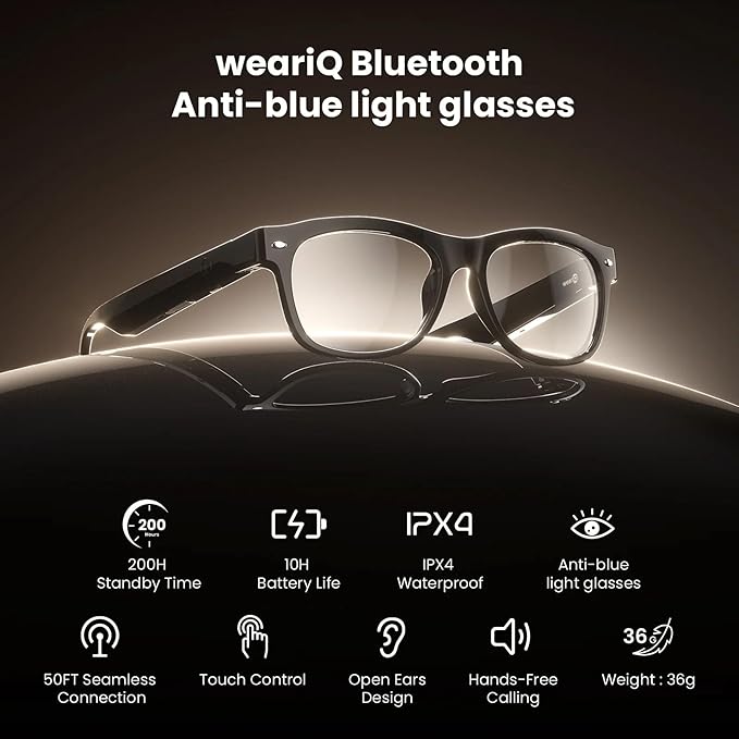 EH95 LLC WeariQ Bluetooth Smart Glasses with Open Ear Speakers, Hands-Free Voice Control, Built-In Microphone, Blue Light Blocking Safety Lenses, Lightweight Unisex Design