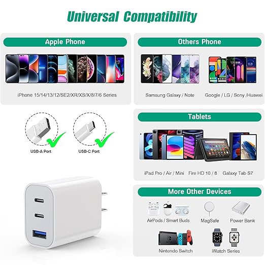 [3Pack]iPhone 17 16 15 Fast Charger Block 35W 3-Port Fast USB C Charger Block Multiport Double Port PD+QC Wall Plug Compatible with iPhone 17/17 Pro/16 ProMax/16 Plus/iPhone 15/15Pro/15 ProMax/14/13
