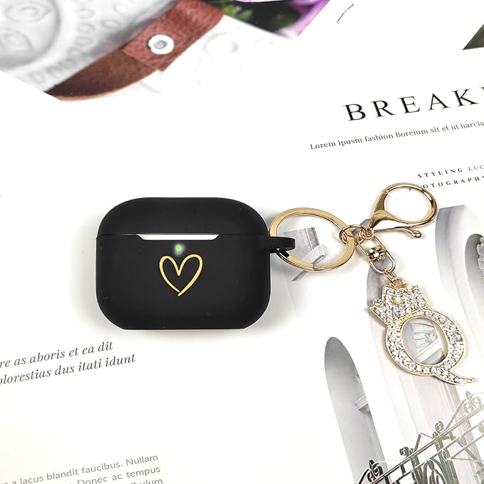 Compatible with AirPods Pro 3 Case Cover (2025), Soft Silicone Case with Gold Heart Pattern for AirPods Pro 3rd Generation Case with Rhinestone Studded Letter A-Z Keychain (Q Black)