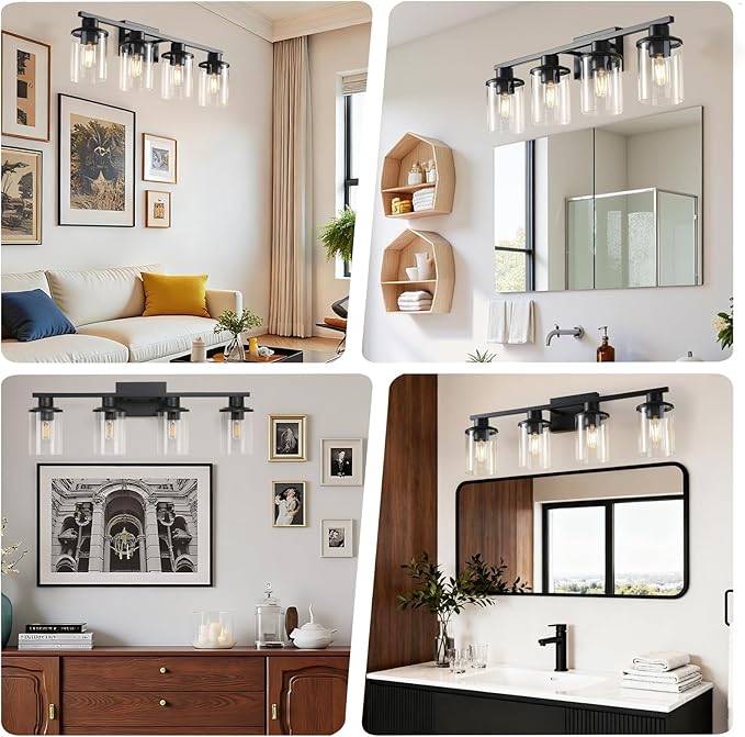 LOUSACE 4 Light Bathroom Vanity Light, 27" Black Vanity Lighting Fixture Over Mirror with Clear Glass Shade, E26 Base