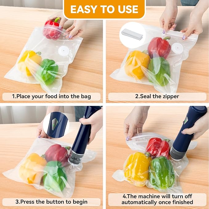 3-in-1 Compact Vacuum Sealer for Food with Bags & Mason Jar Kit, Saver 5X Fresh Longer, 15PCS Reusable Bags, Wide and Regular Mouth Kits, Wine Stopper for Kitchen Fridge Travel Seal Meal