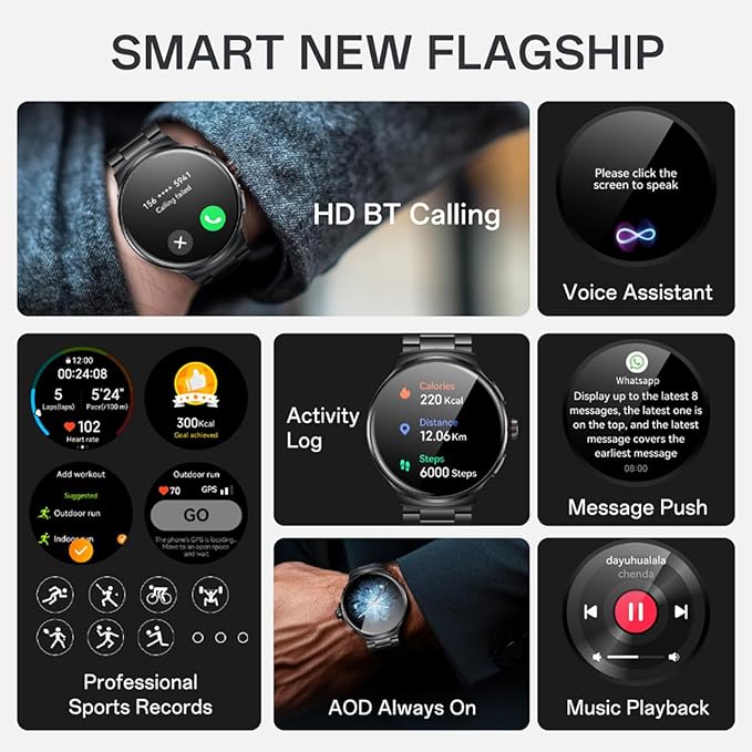 AOLON Smart Watch for Men (Answer/Make Calls), 1.43'' AMOLED Screen, 100+ Sports Modes Fitness Tracker, IP68 Waterproof, Heart Rate/SpO2/Health Monitor for Android/iOS, Stainless Steel Band, Black