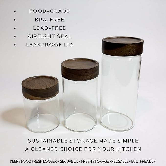 Wide Mouth Glass Storage Jars With 3" Acacia Wood Lids - 6 Pack of 9.1 Oz Airtight Food Storage Containers - Borosilicate Glass Canisters for Kitchen - Pantry Organizers and Storage for Rice Coffee