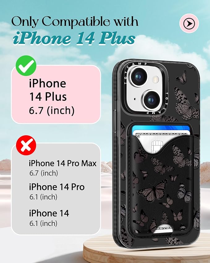 Toycamp for iPhone 14 Plus Case - Compatible with Magsafe Credit Card Holder Wallet Magnetic Cute Women Teen Girls Kawaii Girly Unique Black Butterfly Design Phone Cover for iPhone 14 Plus