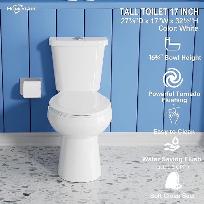 17 Inch Compact Tall Toilet for Seniors,Tornado Flush High Toilets, Chair Height Toilet, ADA Height for Bathroom, Comfort Bowl Heigh 16.75", Seat Height 17.5",Two Piece Dual Flush 1.1/1.6 GPF, White