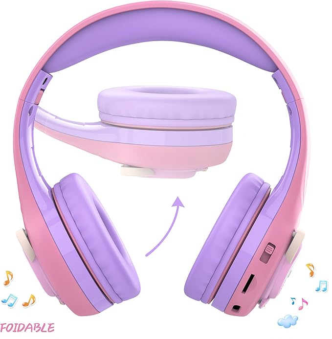 Riwbox CB-7S Kids Wireless Headphones,with Safe Volume Control 74/85/95dB,LED Glow Lights,50H Playtime,Bluetooth V5.3,Built-in Mic, TF Card Slot,for Travel/School/Phone/Laptop(Pink&Purple)