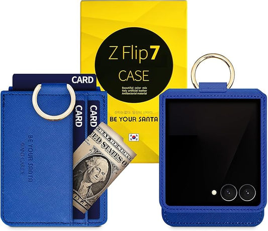 [BeYourSanta] Galaxy Z Flip 7 Case with Ring - Avant-Garde Handmade Saffiano Vegan Leather Case, Anti-Scratch Hinge Protection, Made in Korea (3 Pockets, Blue)