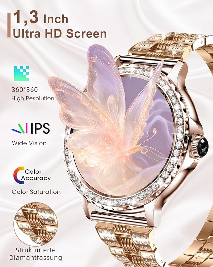 Smart Watches for Women(Make/Answer Call) with Diamond:1.3" Fitness Tracker Watch for HR/Blood Pressure/SpO2/Sleep Monitor,Digital Running Watches for Women Android/iOS, 2 Straps