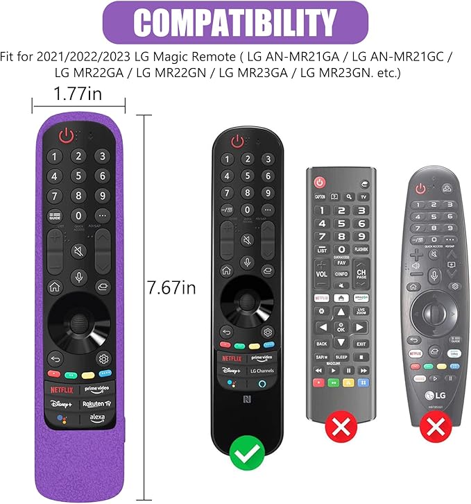 2 Pack Remote Cover for LG Magic, Silicone Protective Case for LG Smart TV Remote Controller LG MR21/ 22/23 Shockproof Anti-Slip Remote Case Sleeve with Anti-Lost Loop (Purple + Hot Pink not Glow)