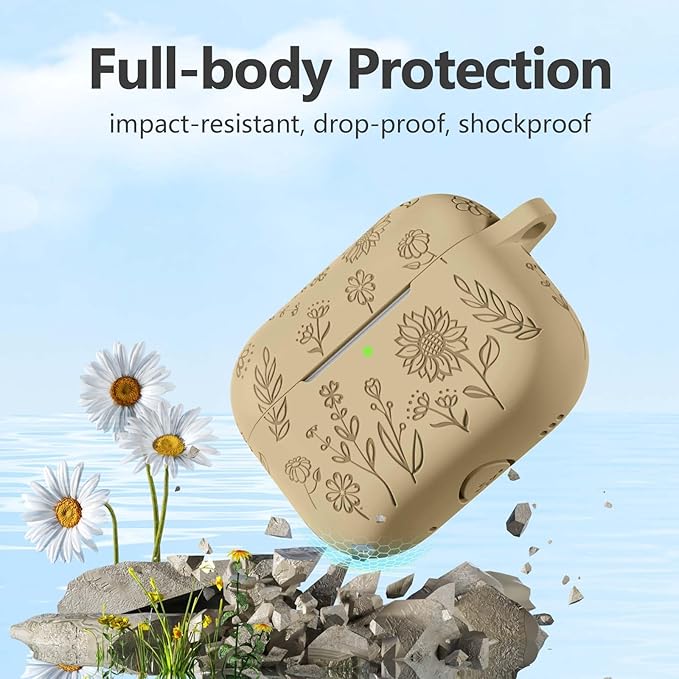 Flower Engraved Case for AirPods Pro 2 Gen with Clean Kit & Keychain, Soft Silicone Protective AirPods Pro 2 Case Cover for Apple AirPods Pro 2nd/1st Generation, Front LED Visible, Milk Tea