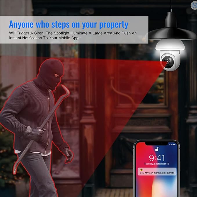 Light Bulb Security Camera -2.4GHz WiFi 1080p Security Cameras Wireless Indoor Outdoor Motion Detection and Alarm,Two-Way Talk,Color Night Vision,Can be Used as a Street lamp
