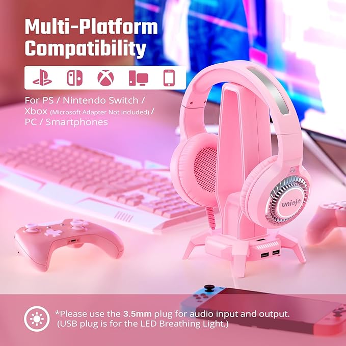 Pink Gaming Headset for PC, PS5, PS4, Xbox Headset with Noise Cancelling Mic, Gaming Headphones with 7.1 Surround Sound, LED Breathing Light Over Ear Headphones for Xbox Series X/S, Switch