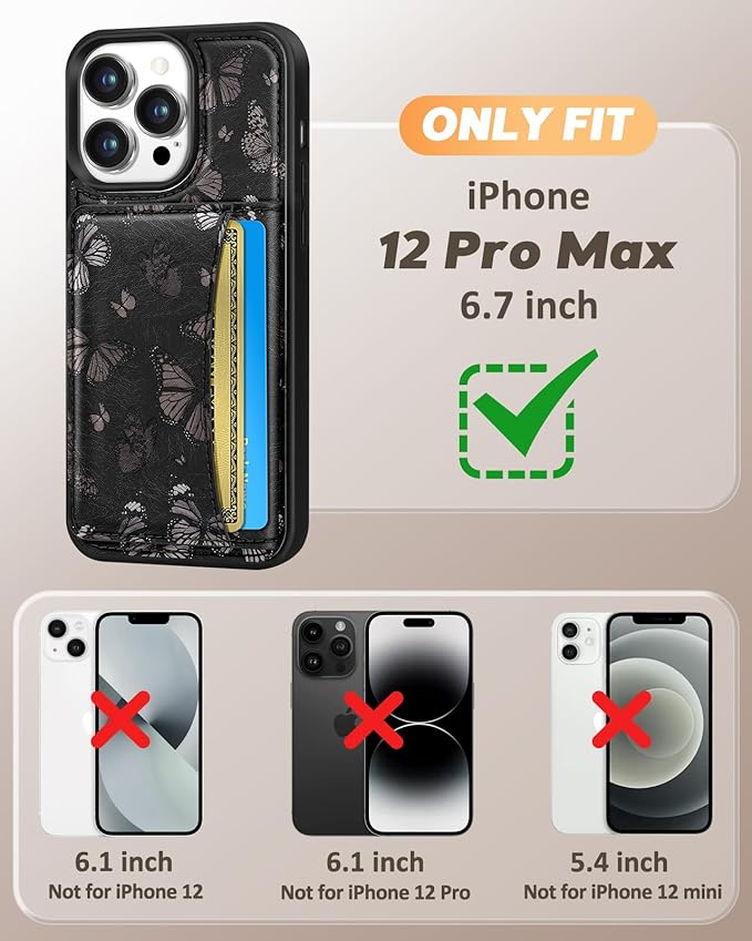 for iPhone 12 Pro Max Case with Wallet - Fits 4 Card Slots, Compatible with MagSafe for Women Aesthetic PU Leather Credit Card Holder Kickstand Phone Cover for Apple 12 Promax, Black Butterfly