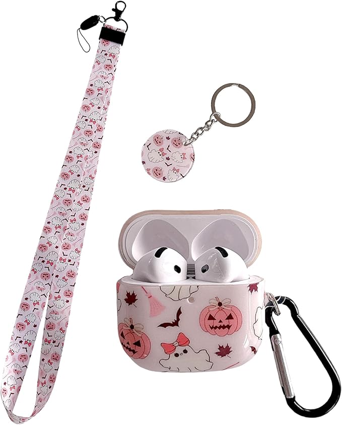 Cute Quirky Pumpkin Ghost Fun Design Air Pod 4th Generation （2024） with Pumpkin Ghost Lanyard Keychain，Unique IMD Process TPU Soft Air Pod 4th Case