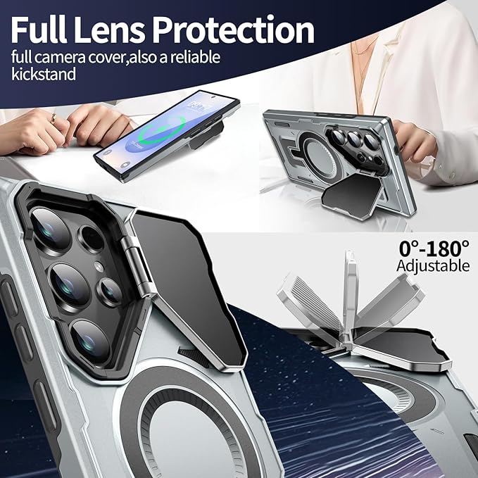 Camera Stand Case for Galaxy S25 Ultra, [Compatible with Mag Safe][Lens Cover] 2024 Version Military Grade Protective Soft Case for Samsung Galaxy S25 Ultra 6.86" Men Women, Grey