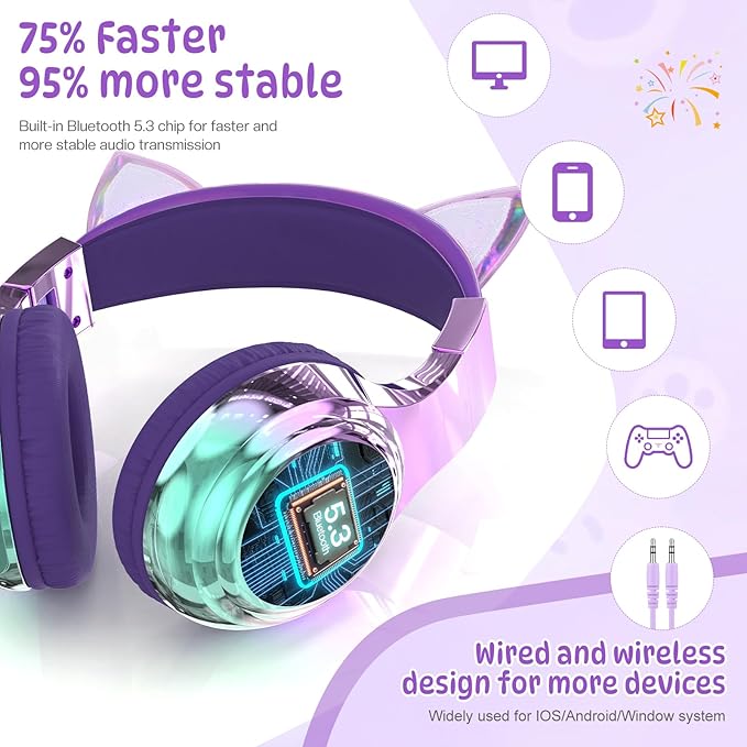 QearFun Kids Cat Ear Bluetooth Headphones, 60H Playtime, 74/85/94dB Safe Volume Limit, Metallic Gradient Wireless Headset with Mic, Fast Charging, Foldable, Wired Mode for Girls School/Tablet/Travel