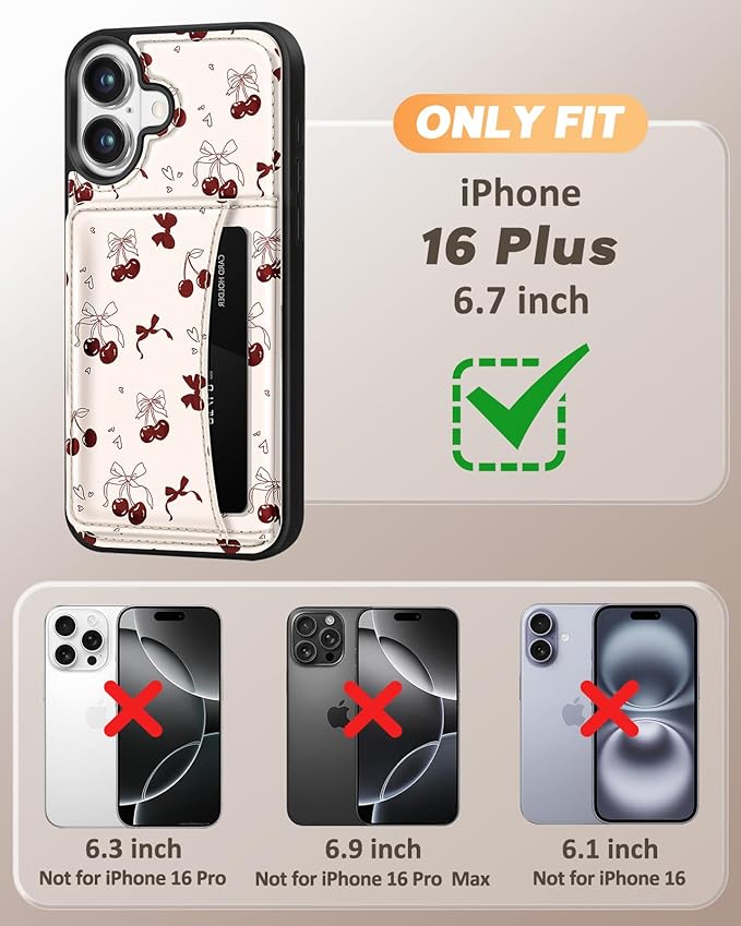 for iPhone 16 Plus Case with Wallet - Fits 4 Card Slots, Compatible with MagSafe for Women Aesthetic Durable PU Leather Credit Card Holder Kickstand Phone Cover for Apple 16 Plus, Bow Cherry