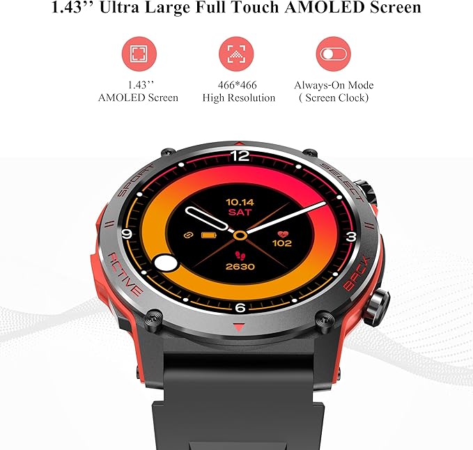 Popglory Smart Watch, 1.43''AMOLED 45mm Military Smartwatch Men Women Answer/Make Call, Digital Fitness Watch, 110+ Sports, Blood Pressure, Heart Rate, Stress Monitor Sports Watch for Android or iOS