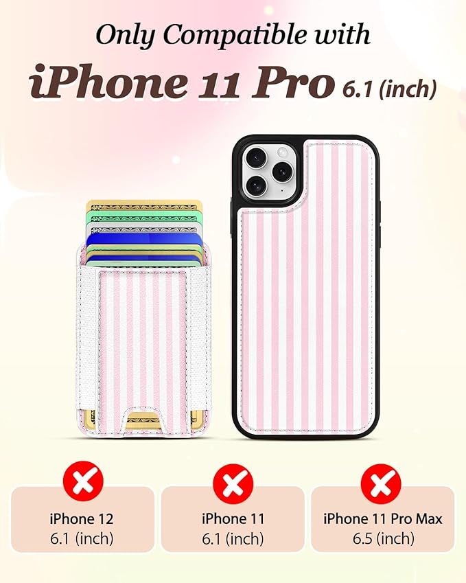 Shorogyt for iPhone 11 Pro Case Wallet - Fits 5 Cards, Compatible with Magsafe Detachable Magnetic Credit Card Holder Leather Cardholder Cute Phone Cover Women Girls for Apple 11Pro, Striped