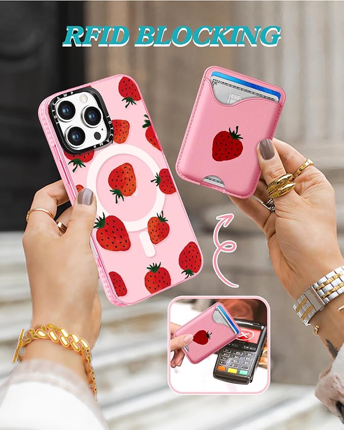 Toycamp for iPhone 16 Pro Max Case - Compatible with Magsafe Credit Card Holder Wallet Magnetic Cute Women Teen Girls Kawaii Girly Unique Strawberry Design Phone Cover for Apple 16 Promax 6.7"
