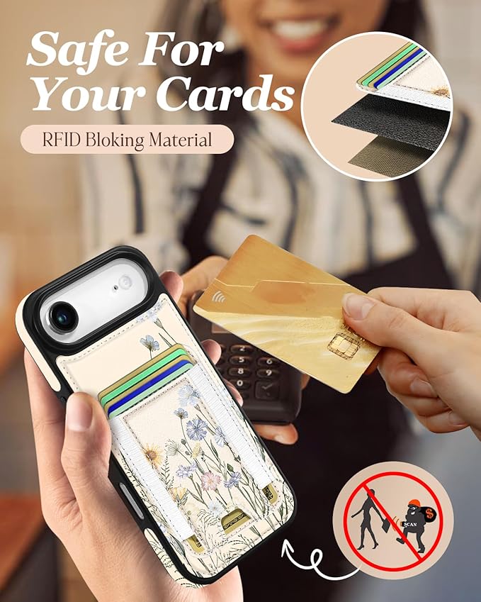 Shorogyt for iPhone Air Wallet Case - Fits 5 Cards, Compatible with Magsafe Detachable Magnetic Credit Card Holder Leather Cardholder Cute Phone Cover Women Girls for Apple 17 Air, Color Flower
